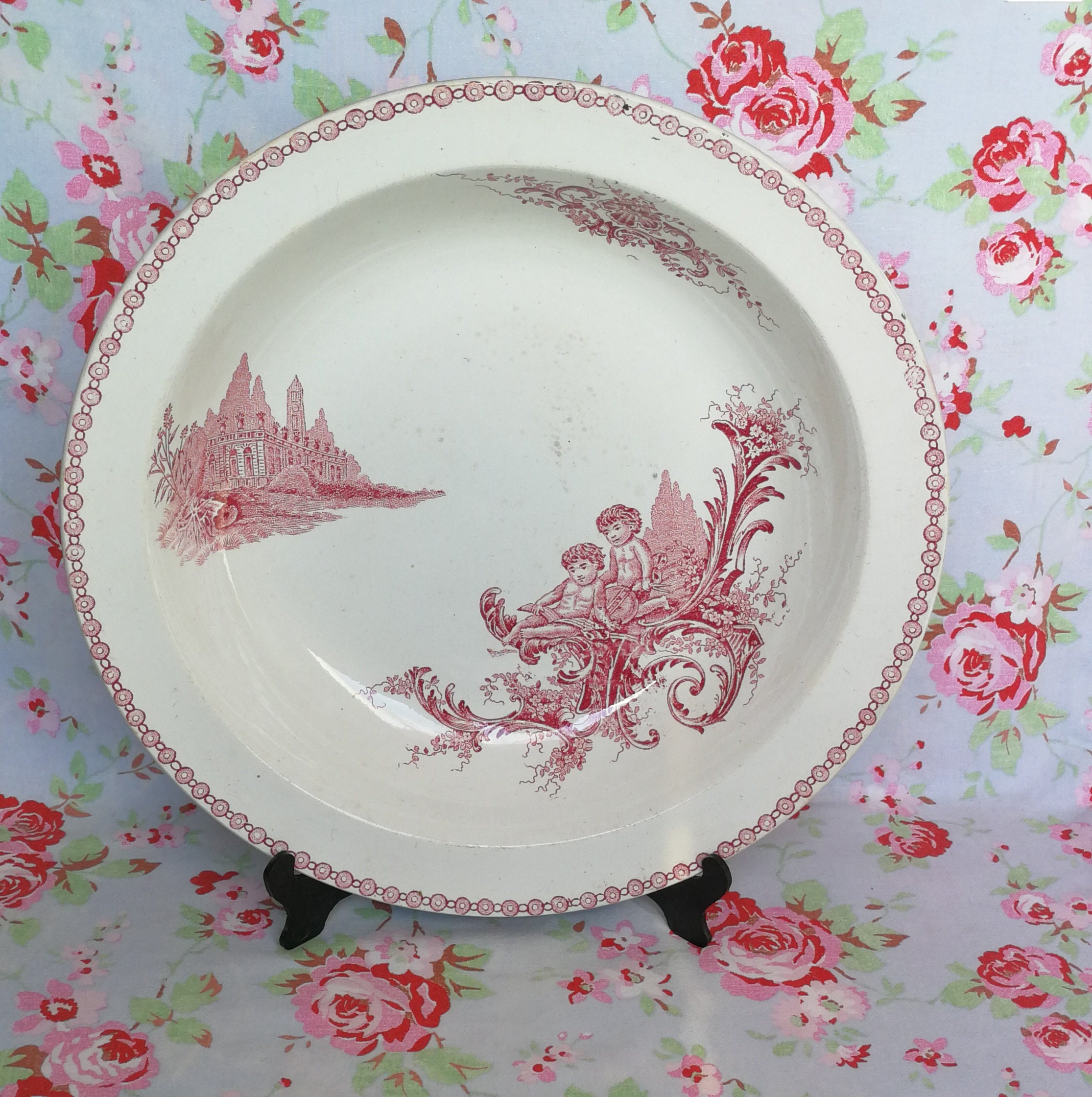 Français Antique Saint Amand Les Eaux Lebacqz - Bouchard Trianon Red Ironstone Deep Serving Dish Tra