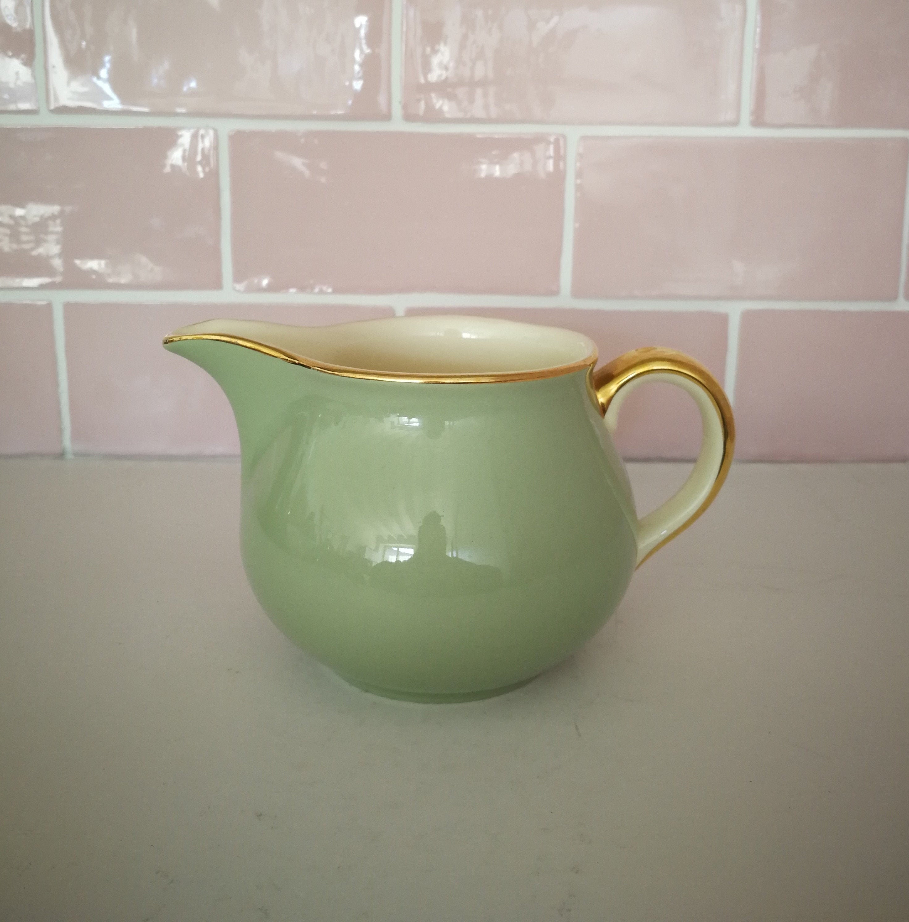 Vintage Villeroy &boch Vert et Or Rim Milk Jug/Creamer Café Country Side Allemand Made in France Gol