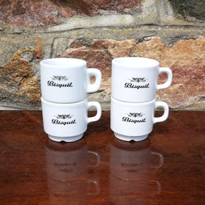 4 Vintage French Rare Cognac bisquit Coffee Cups Set of Four Made In France Espresso 1970s Alcohol Advertising Biscuit Alcool Nespresso