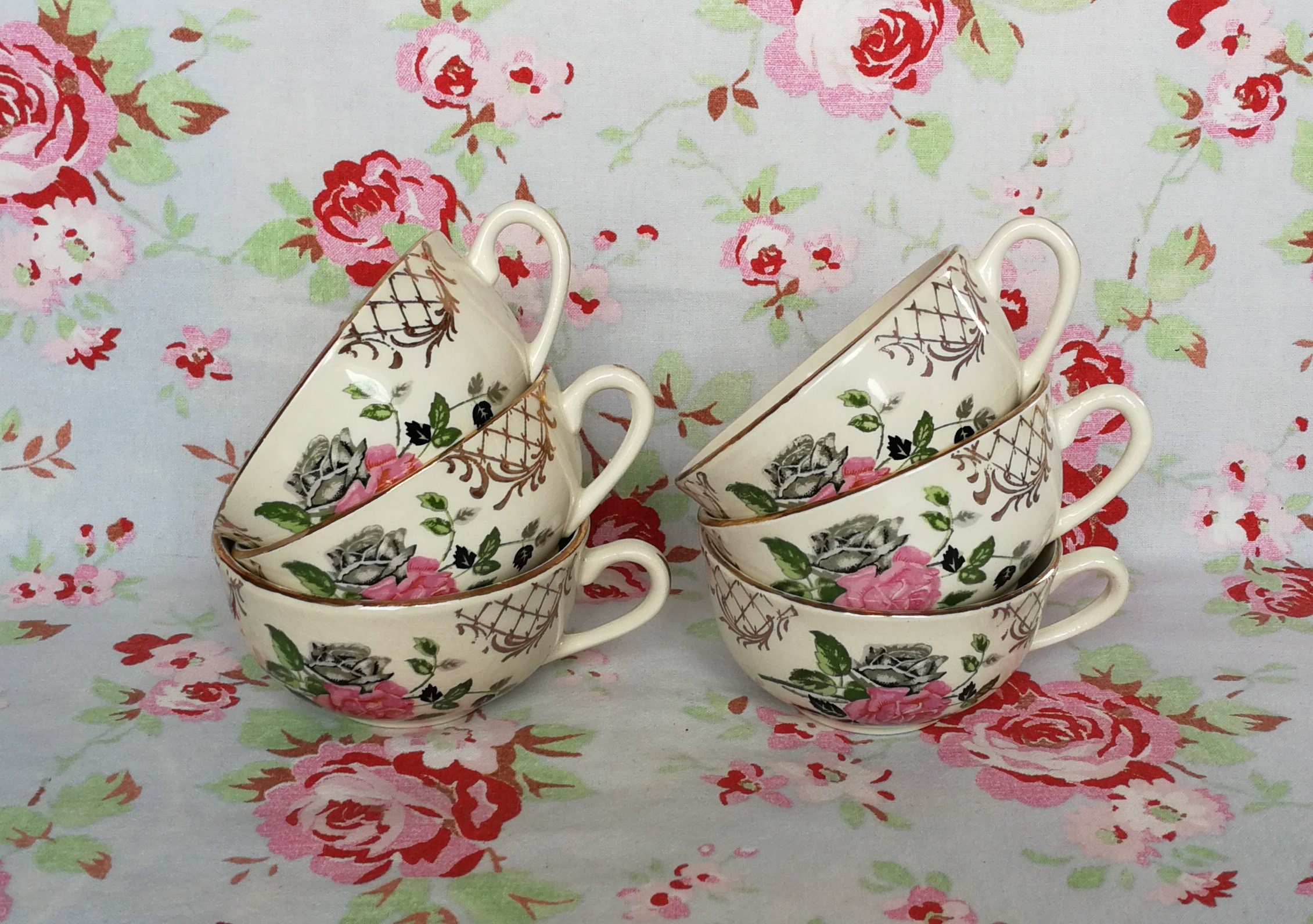 6 Antique Français Digoin Sarreguemines Tasses à Thé/Café Made in France Rose Flower Pattern Vintage
