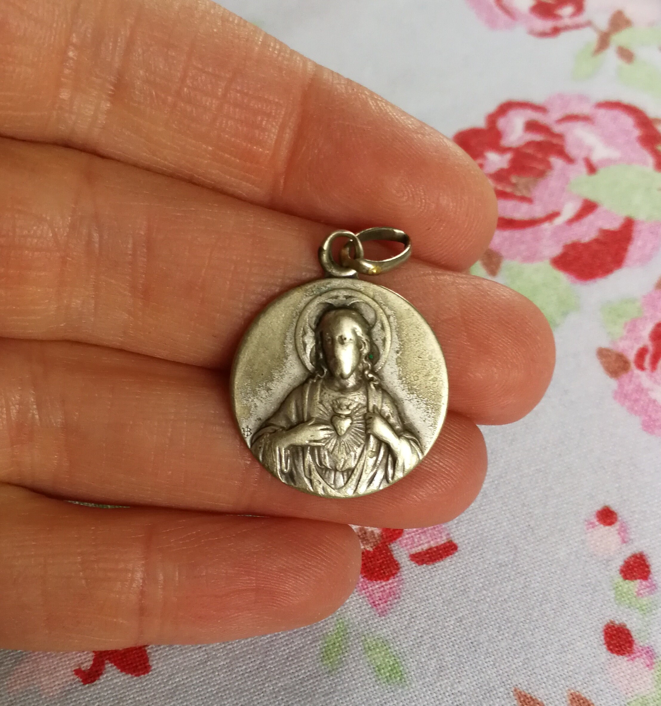 Antique Français Médaille Religieuse Sacré-Cœur de Jésus Chirst/Virgin Mary Holy Child Pendant Doubl