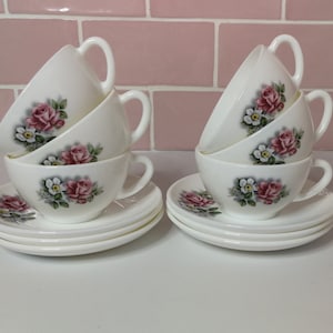 6 Vintage French Arcopal Coffee Cups + Saucers Set of 6 Coffee Tea Mugs Made In France Milk Glass Opaline White Red Roses Flowers 1960s