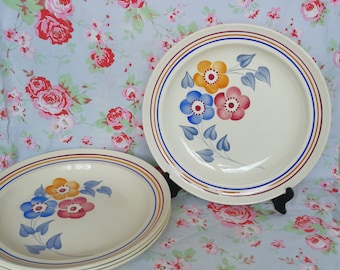 4 Vintage French Moulin Des Loups Soup Plates Blue Red Yellow Flowers Made in France Earthenware Ceramic Deep Dishes Flower Floral Stripes