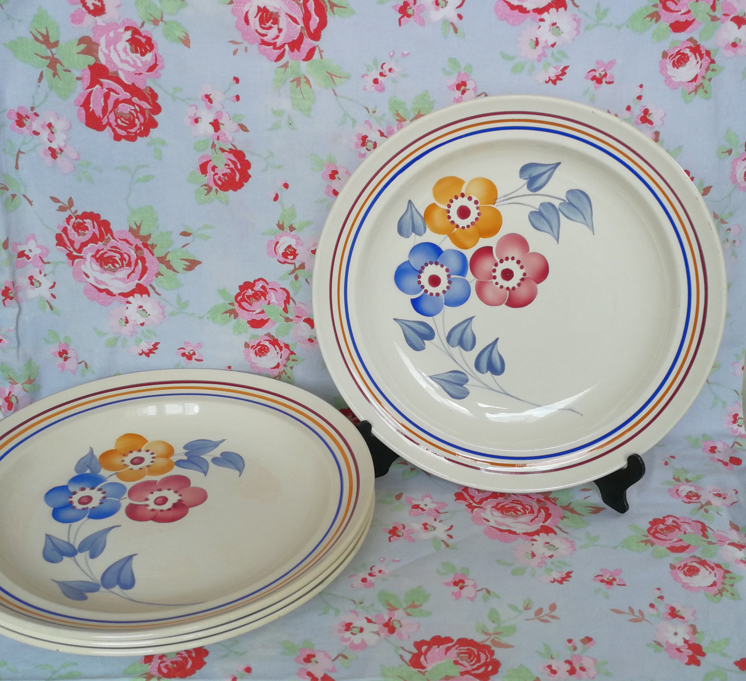 4 Français Vintage Moulin Des Loups Plaques de Soupe Bleu Rouge Fleurs Jaune Made in France Faïence