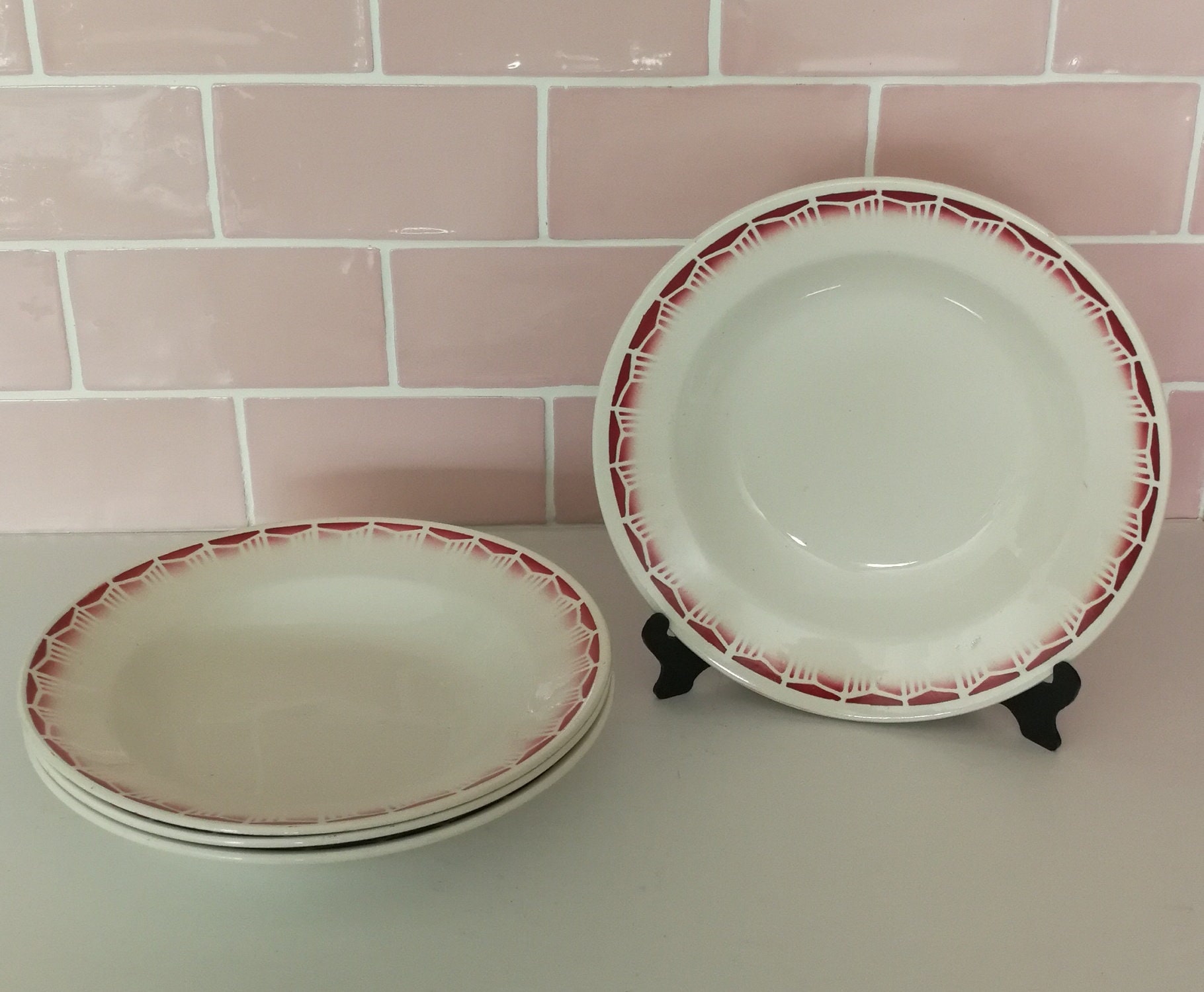 4 Vintage Français Faience Monty Pink Deep Pasta Plates Made in France Earthenware Ceramic Dishes Re