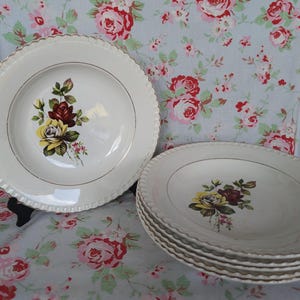 6 Digoin Sarreguemines Cassis Deep Plates Yellow Green Pink Made in France Vintage French Rose Airbrush Flower Stencilware Pasta Bowl Soup