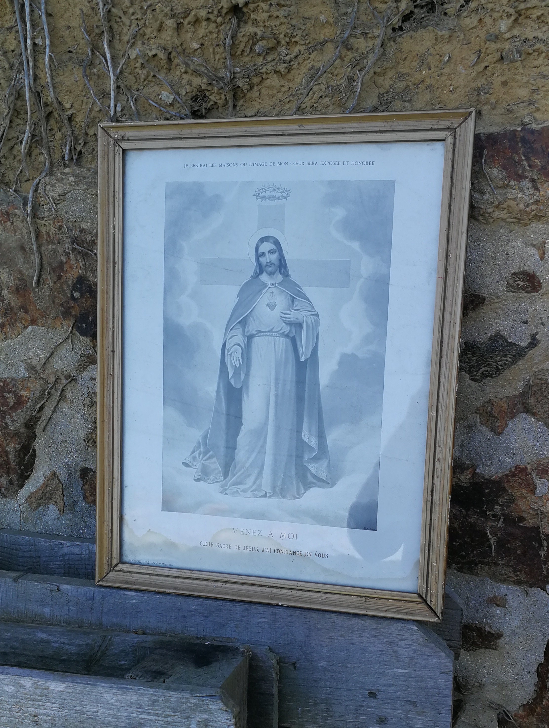 Antique Français Religieux Jésus Christ Cadre Années 1920 Vierge Marie Bébé Icône Sacré Cœur Christi