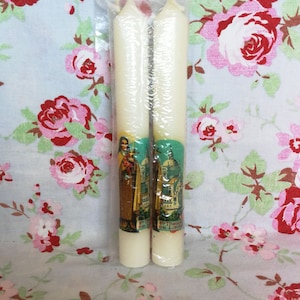 2 Vintage French Ste Therese Pillar Candle Made in france Catholic Altar devotional votive Church Lourdes Souvenir Madonna Virgin Mary