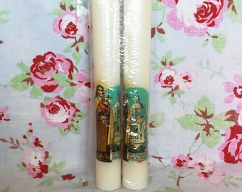 2 Vintage French Ste Therese Pillar Candle Made in france Catholic Altar devotional votive Church Lourdes Souvenir Madonna Virgin Mary