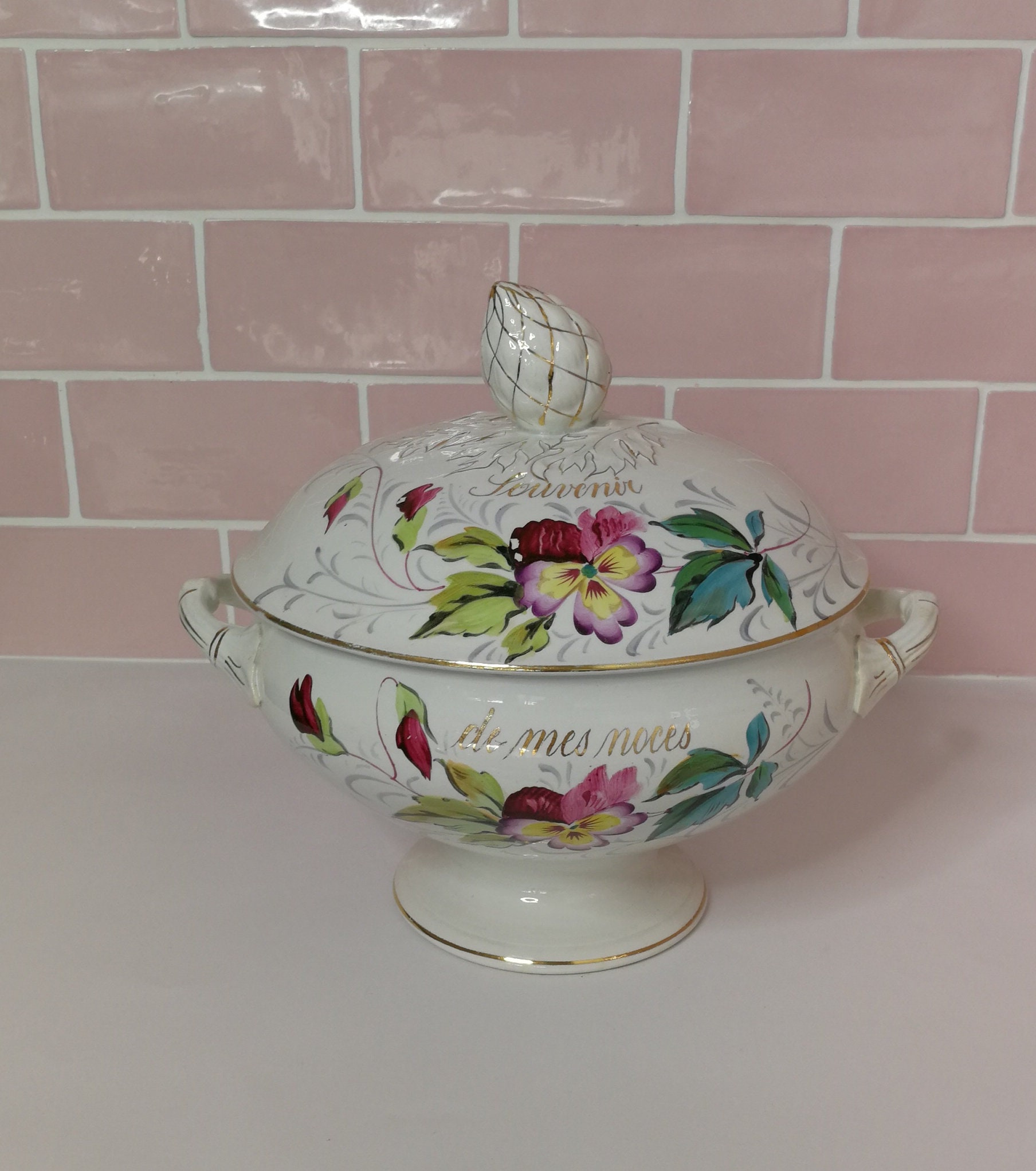 Vintage Français Soupe Tureen Faiencerie d'onnaing Nord Souvenir de Mes Noces Mariage Mariée Cadeau 