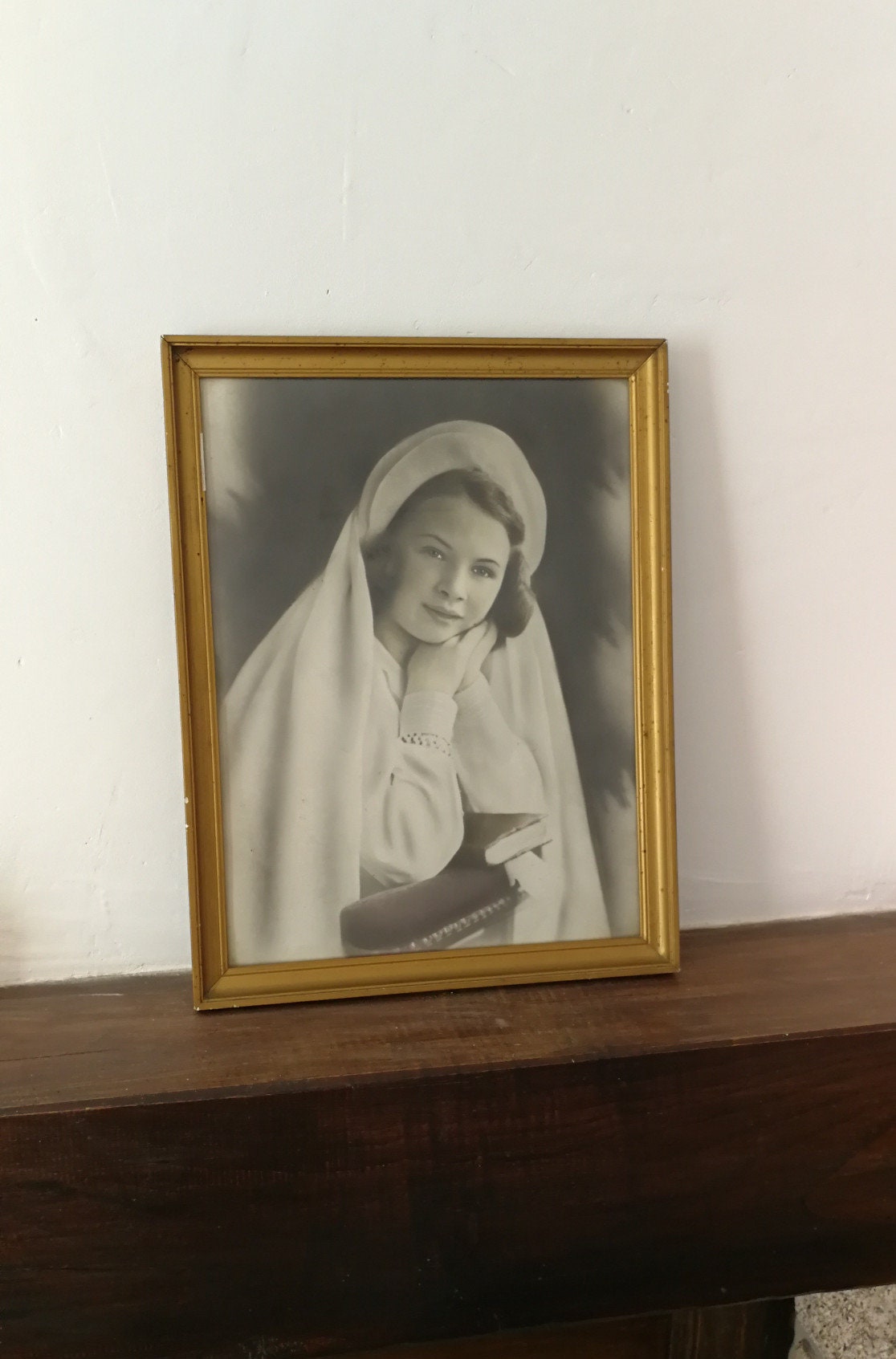 Vintage Français Religieux Sainte Communion Portrait Cadre 1944 Vierge Marie Jésus Icône Chrétienne