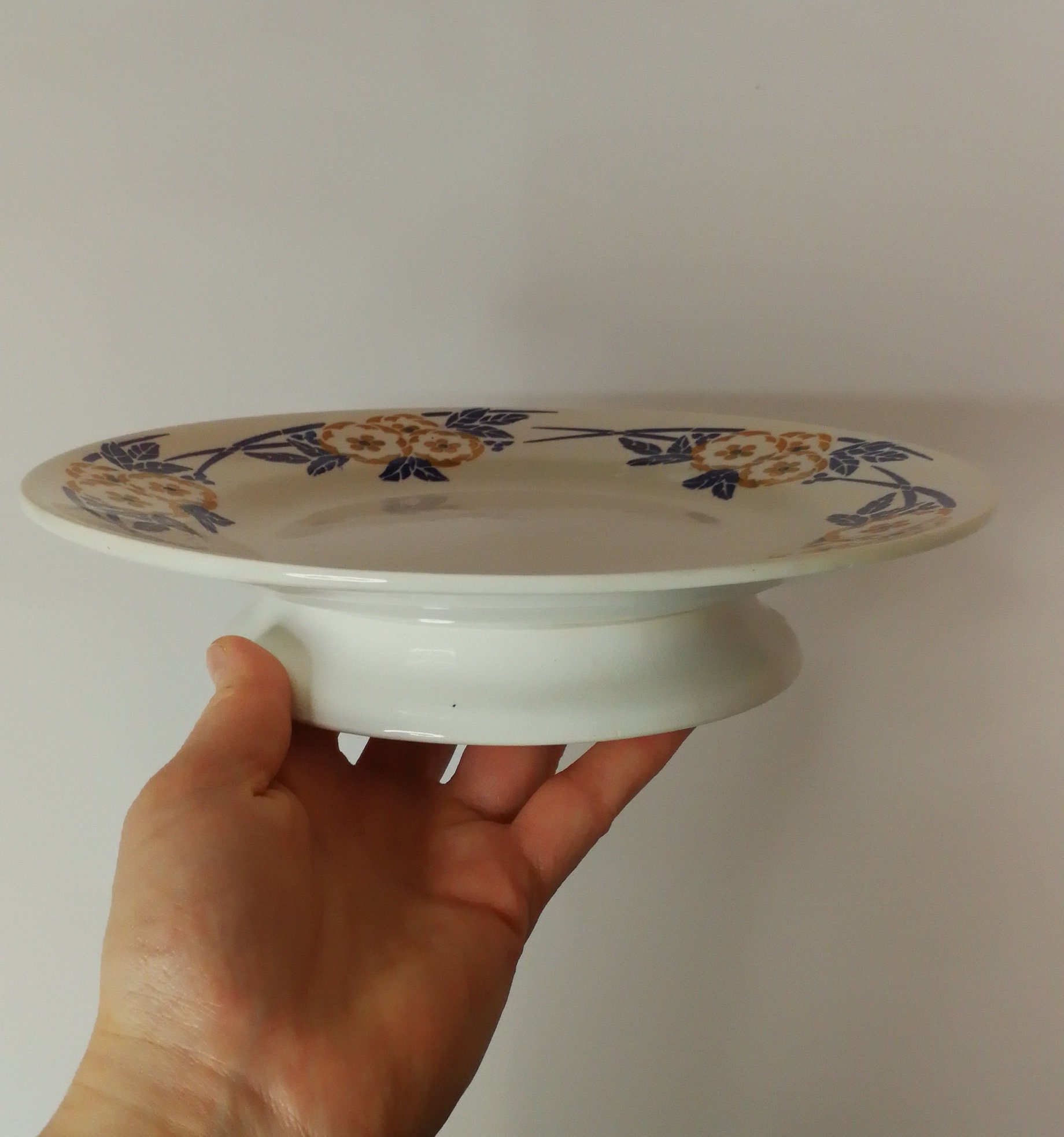 Français Antique Moulin Des Loups Bleu Foncé Orange Terre de Fer Gâteau/Fruit Stand Compotier Piédes