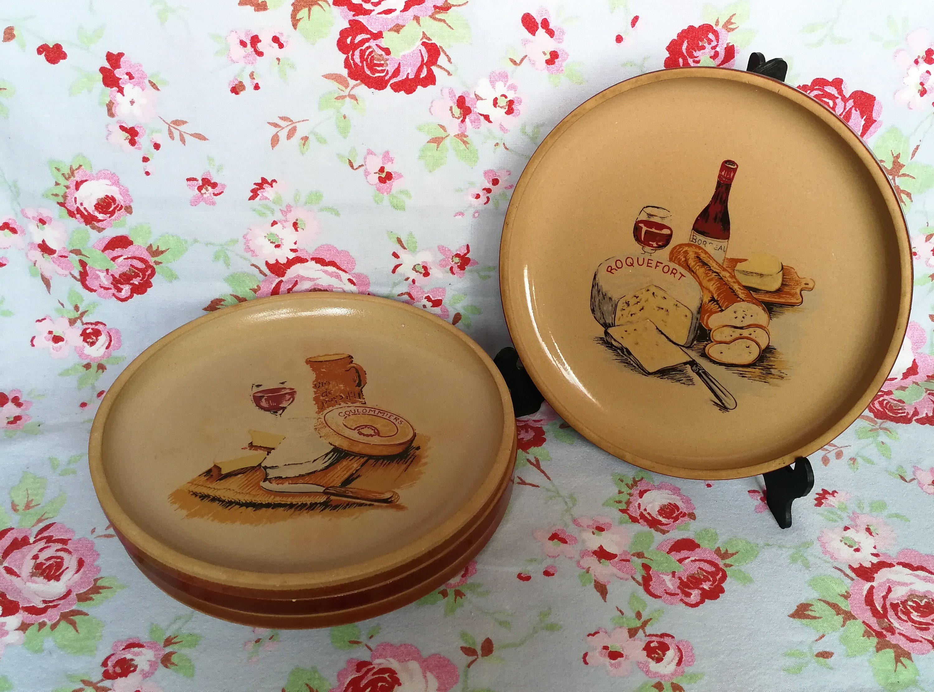 4 Gien France Fromage Grès Plaques Made in Fr Vintage Français Maison Rouge Vin Camembert Emmental R