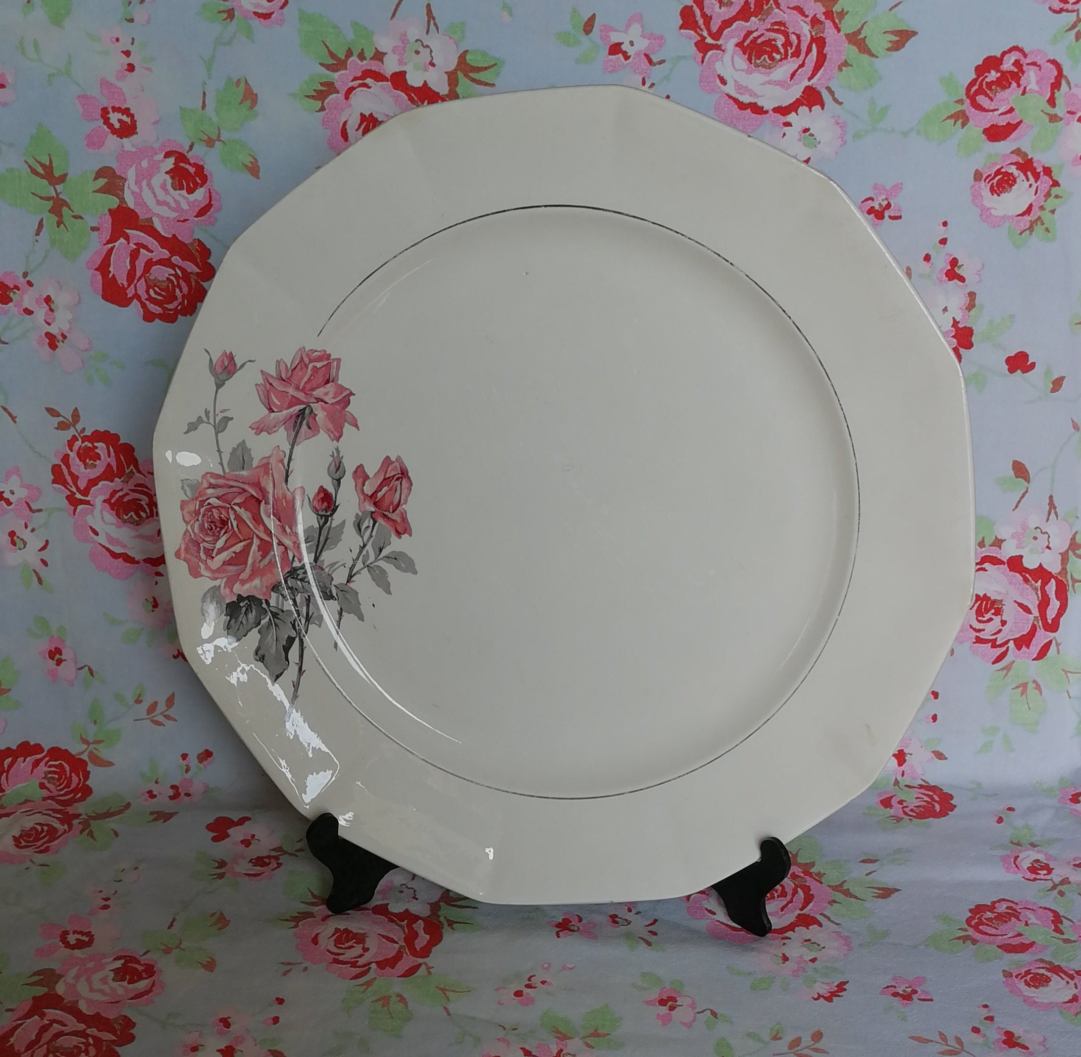 Élégant Vintage Français Faience Grand Plat de Service Made in France en Faïence Roses Argent Ligne 