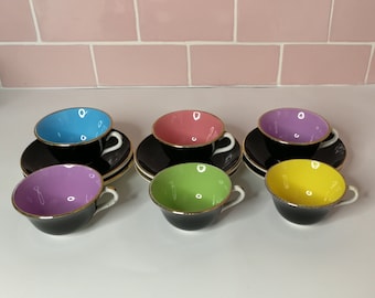 6 Vintage French Digoin Sarreguemines Tea / Coffee Cups & Saucers Set Made In France Blue Pink Purple Lilac Green Yellow Black