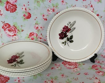 6 Vintage French Deep Plates "Calotte" Made in France Earthenware Faience Roses and Wheat Flower Pattern Dishes Digoin Sarreguemines