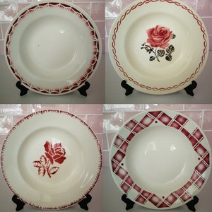 4 Mismatched Digoin Sarreguemines Badonviller Red Pink Deep Plates Vintage French Rose Airbrush Flower Stencil Bowl Mixed Designs Geometrica