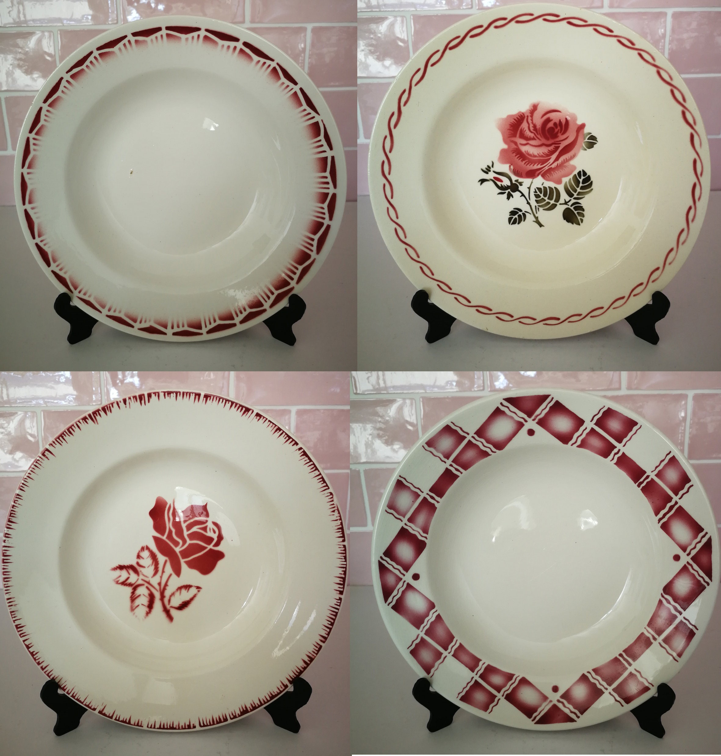 4Mismatched Digoin Sarreguemines Badonviller Rouge Rose Deep Plates Vintage Français Airbrush Fleur 