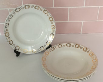 4 Vintage französische tiefe Teller Made in Frankreich Steingut Keramik tiefe Teller Weißgoldrand Blumen Rand Hochzeit Land Suppe Pasta Teller