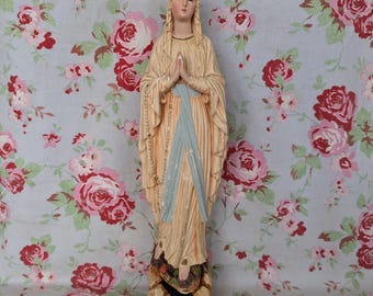 Große Vintage Französische Unbefleckte Empfängnis Statue Wunderige Jungfrau Maria mit Schlangen Rosen Blume Katholische Gips Chalkware Santa Maria