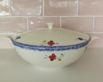 Digoin Sarreguemines Sopa Tureen "Mary Lou" Made in France Vintage French Blue Flowers Faience Ceramic Pattern Lidded Plato de servir Marylou