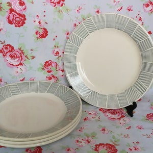 4 Antique French Terre de Fer Green Dinner Plates Vintage Ironstone Very Rare Set of Four Geometrical Lines Dish