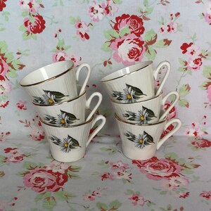 Puede incluir: Seis tazas de té blancas con un borde dorado y un patrón floral de margaritas blancas y hojas verdes. Las tazas están apiladas en dos grupos de tres.