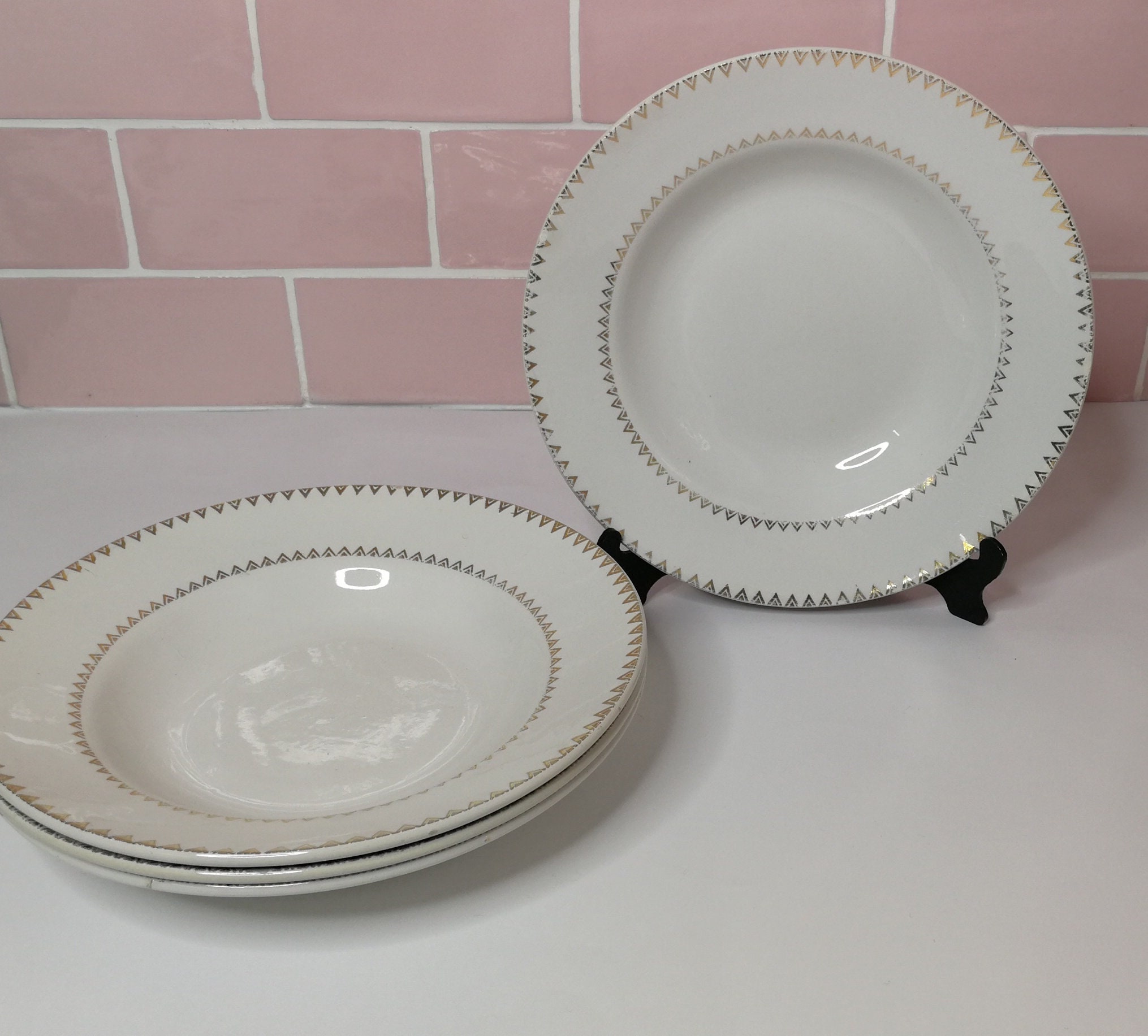 4 Vintage Français Assiettes Profondes Made in France Pasta Bowl Soupe Élégant Golden Rim Trim Gold