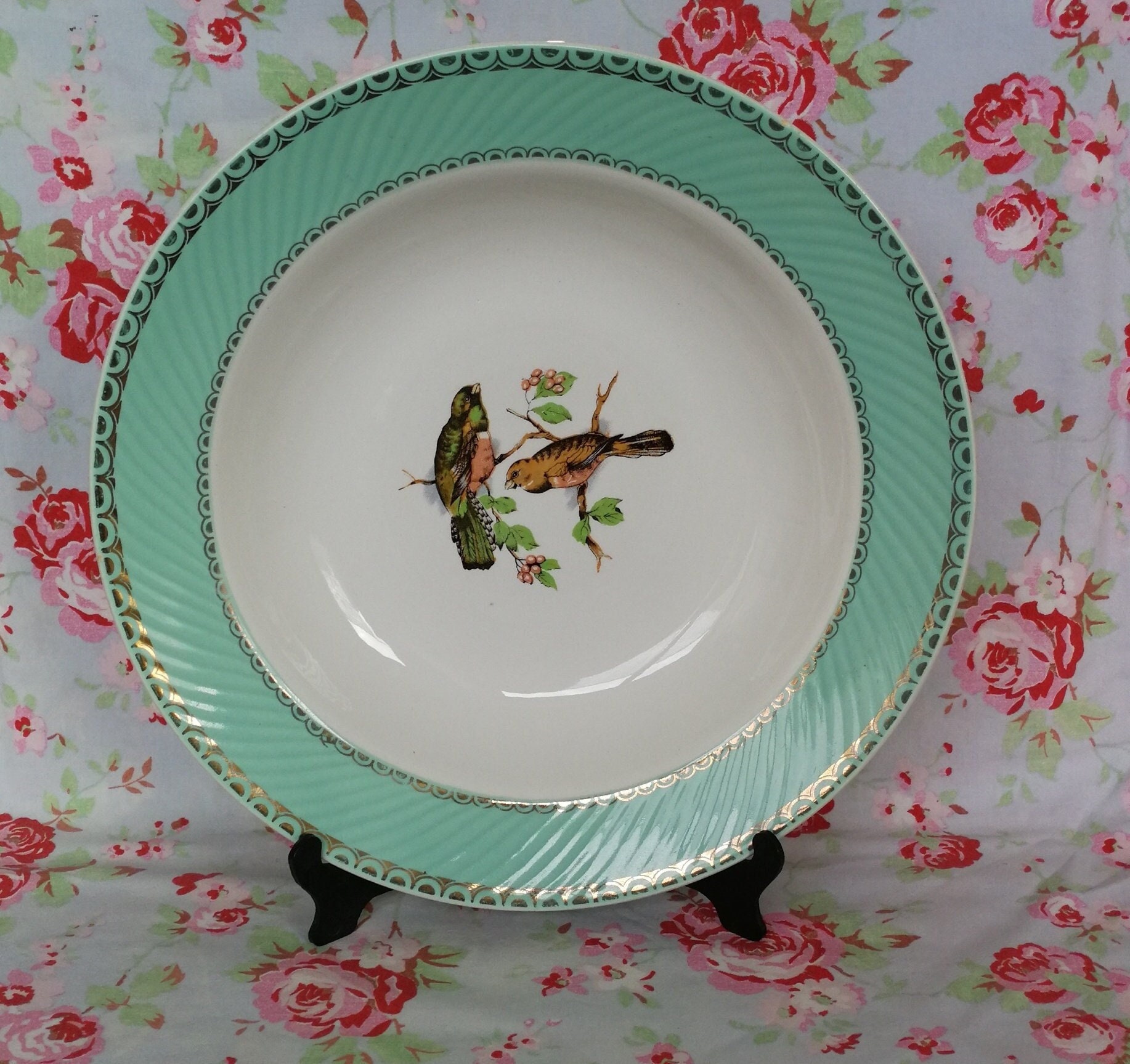 Vintage Français Faïence Badonviller Grand Plat de Service Fabriqué en France Oiseaux Motif Menthe V