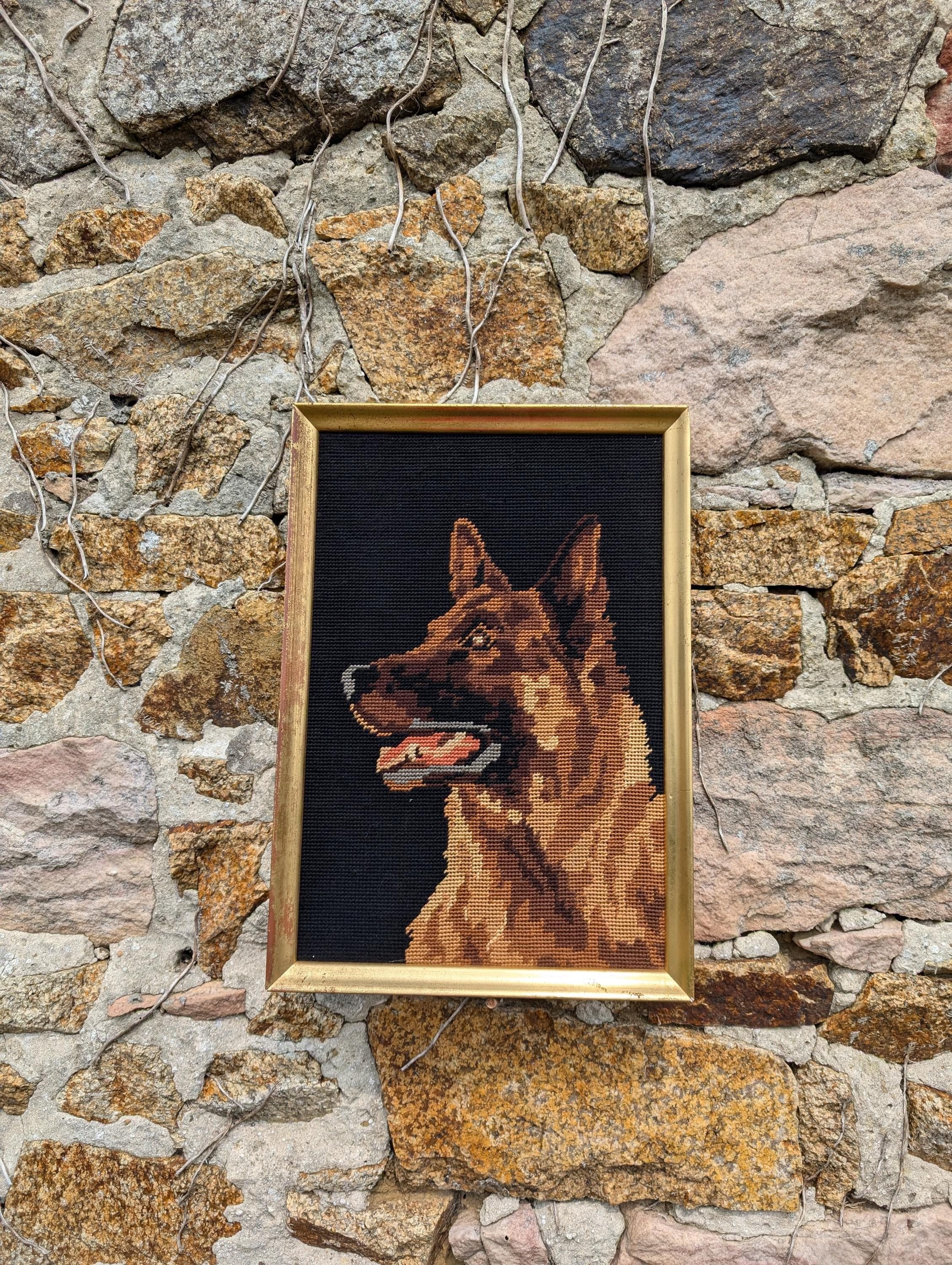 Vintage French German shepherd Cross Stitch Frame Dog Lover Gift Needlepoint Tapestry Painting Wood Frame Golden Shabby Chic Nature Animal