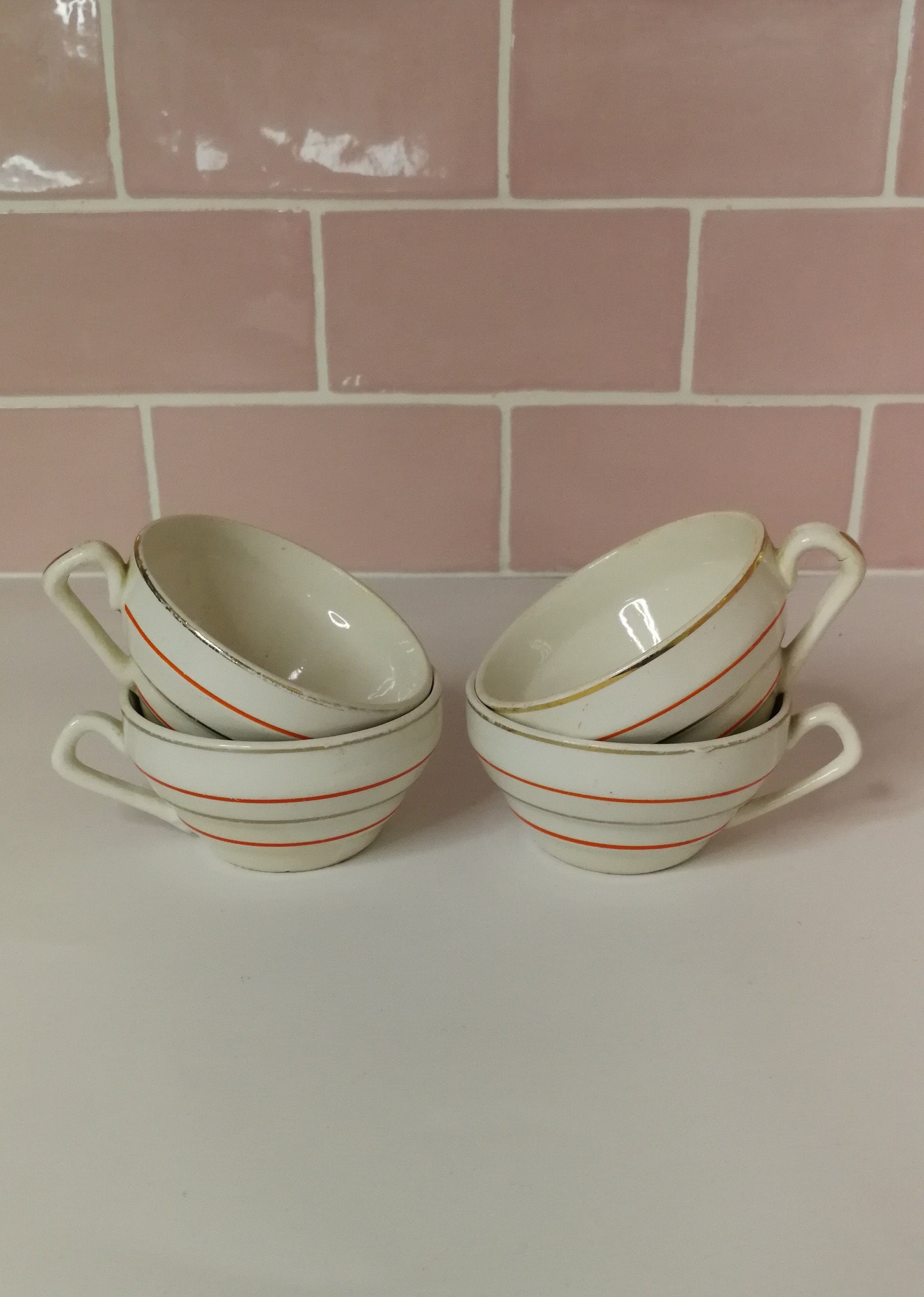 4 Français Vintage Digoin Sarreguemines Thé Tasses à Café Set Made in France Peint La Main Orange et