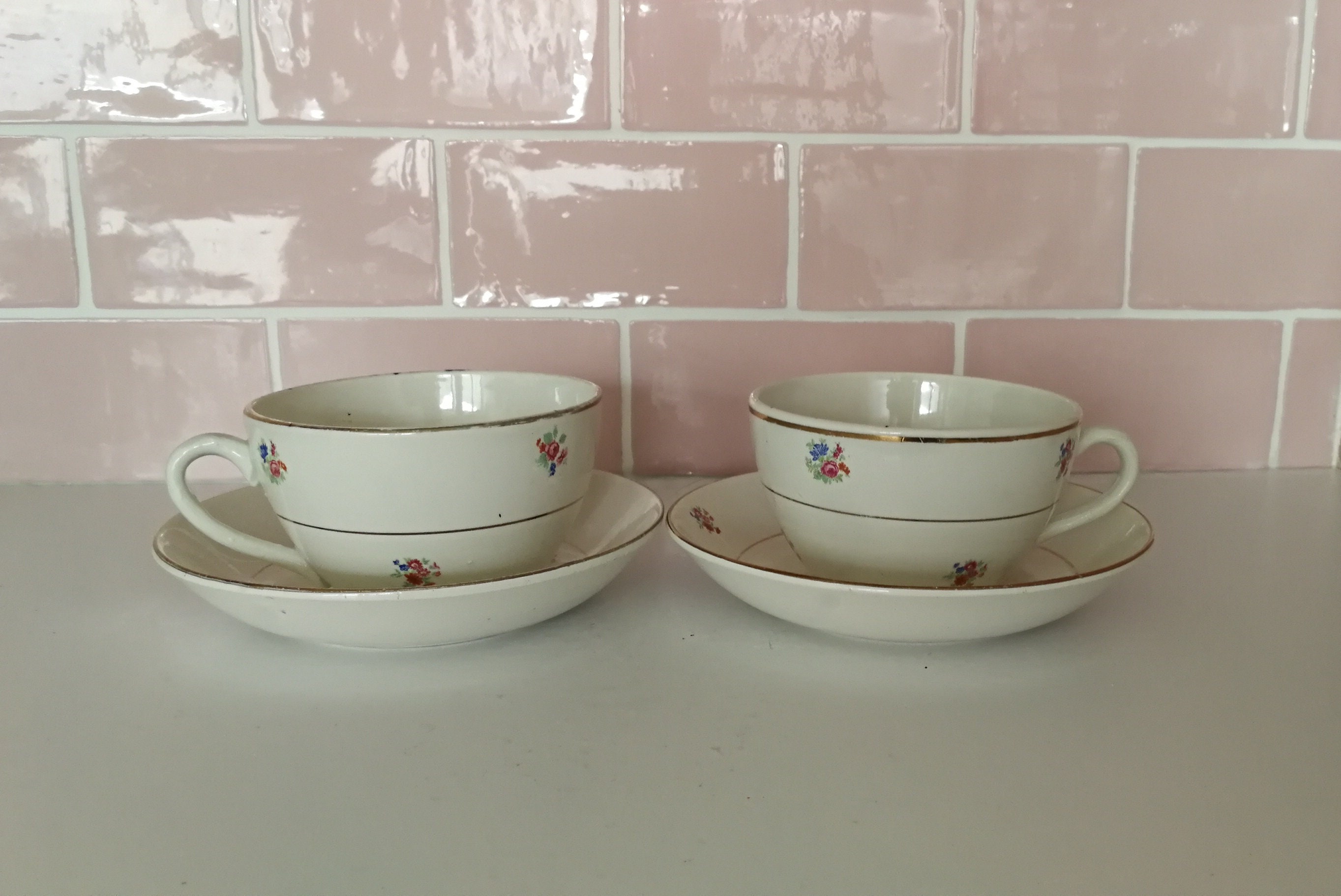 2 Millésimes Français Digoin Sarreguemines Thé Tasses à Café Soucoupes Set Made in France Motif Orne