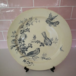 Large Antique French Terre de Fer Serving Dish HB et Cie Ironstone France Vintage Flower Blue & White Birds Butterfly Roses Butterflies