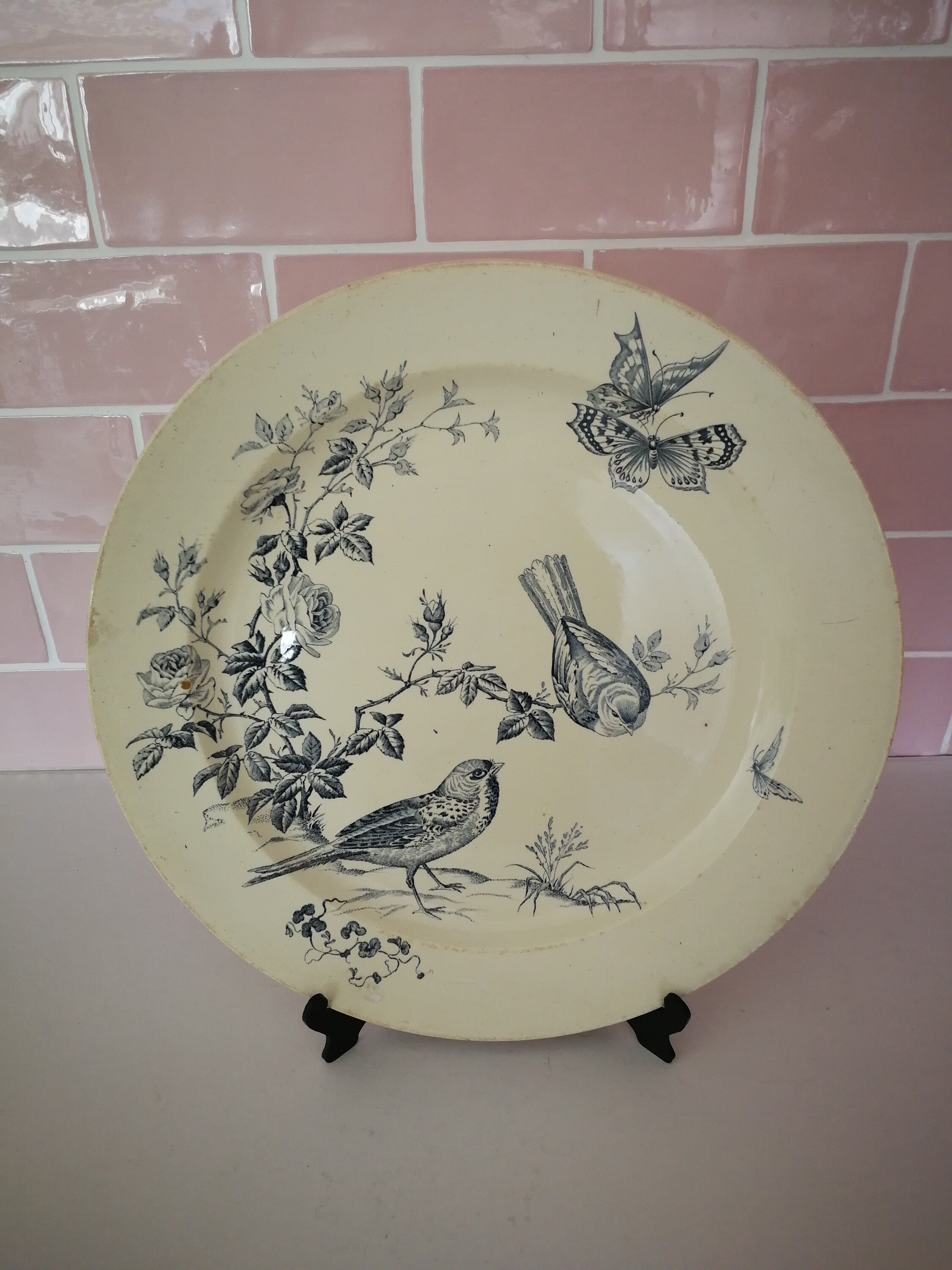 Grand Français Antique Terre de Fer Plat Service Hb et Cie Ironstone France Vintage Fleur Bleu & Bla