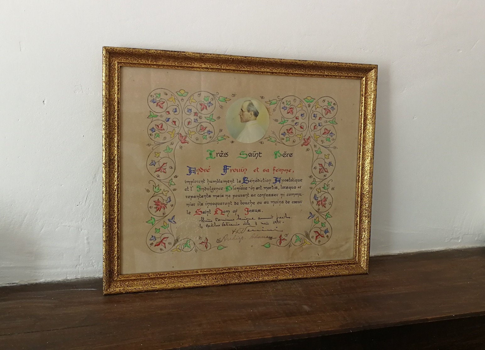 Ancien Français Religieuse Catholique Certificat Cadre Des Années 1950 Vierge Marie Jésus Christ Un