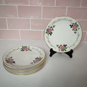 6 Digoin Sarreguemines Adélie Dessert Plates Small Plate Made in France Vintage French Faience Ceramic Pink Flower Bouquet Pattern Gold Rim