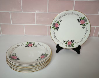 6 Digoin Sarreguemines Adélie Assiettes à dessert Petite Assiette Made in France vintage Français Faïence Céramique Rose Fleur Bouquet Motif Jante Or