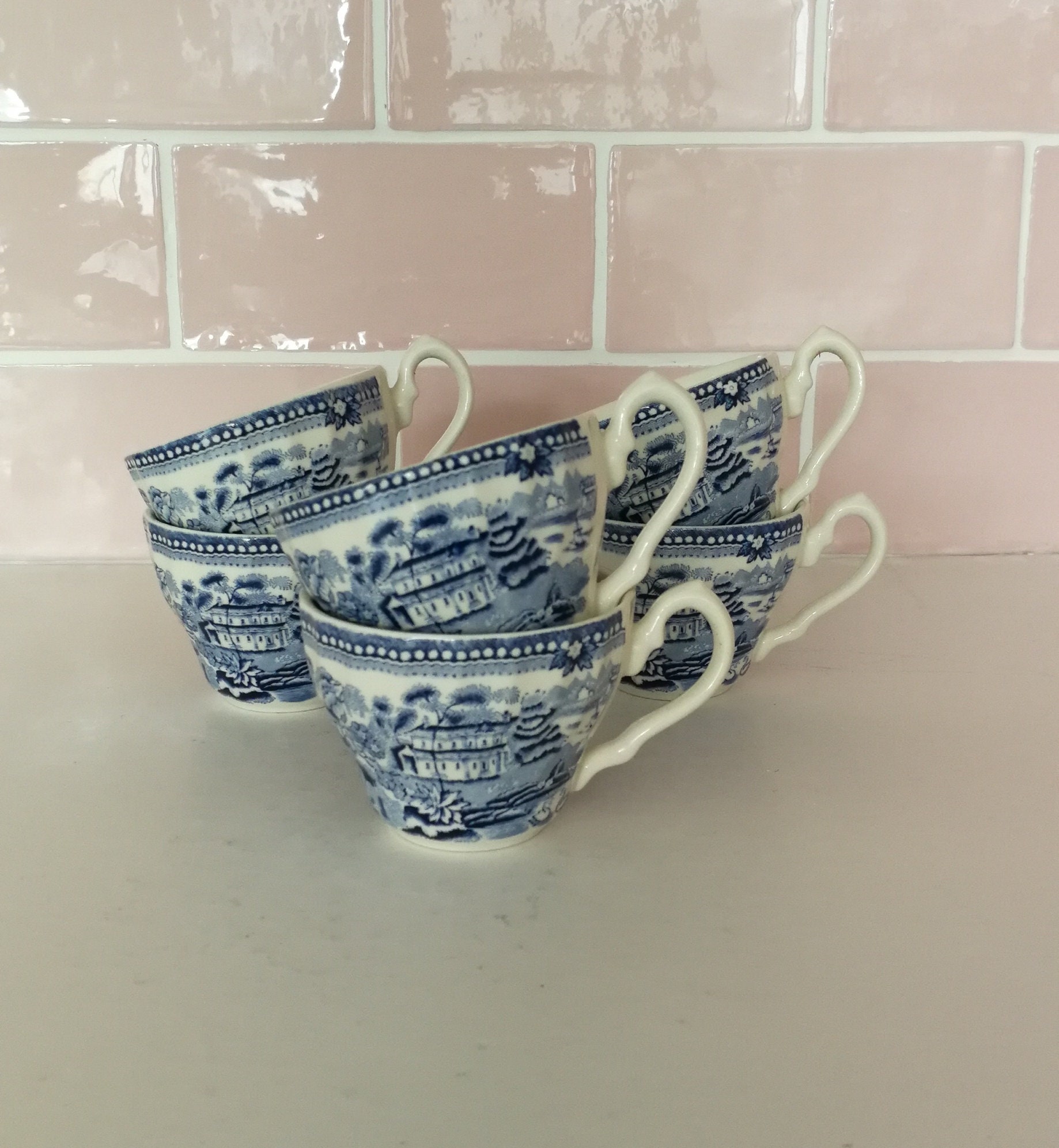 6 Tasses Anglaises Vintage Tasses à Thé Espresso Café Bleu Blanc Transferware Chine Fleur Motif Pays