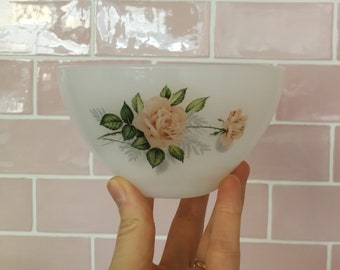Vintage French Arcopal White Glass Pink Roses Bowl Café au Lait Latte Coffee Cup Mug Made In France Milk Glass Opaline Pink Roses Flowers