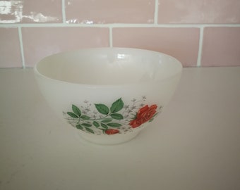 Vintage French Arcopal White Glass Red Roses Bowl Café au Lait Latte Coffee Cup Mug Made In France Milk Glass Opaline Pink Roses Flowers