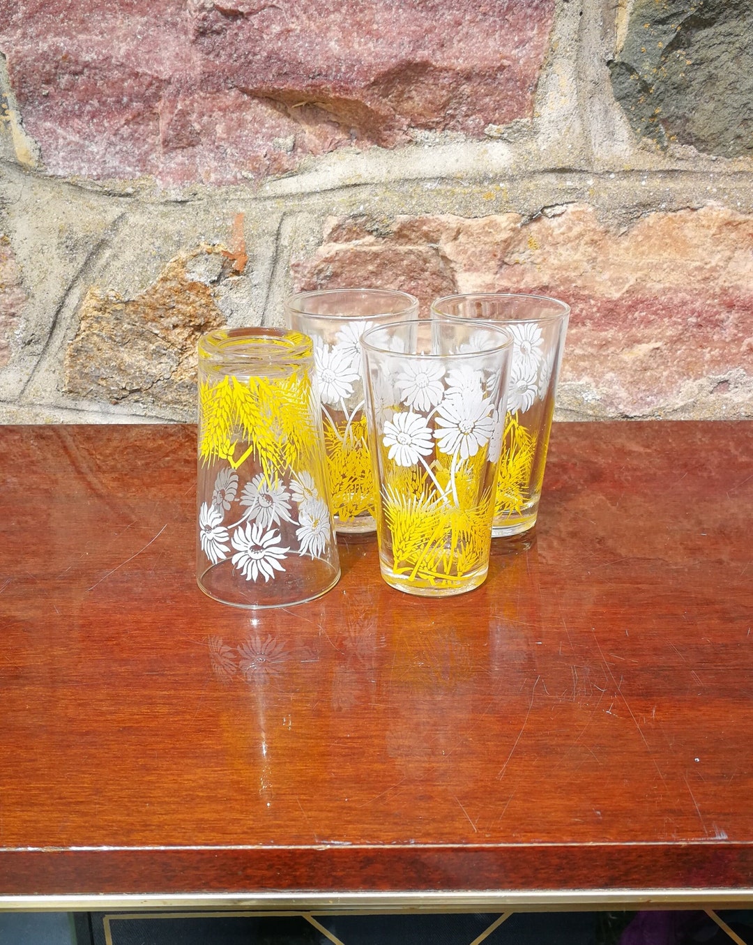 4 Vintage 1950's French Drinking Glasses Yellow Wheat and White Flowers ...
