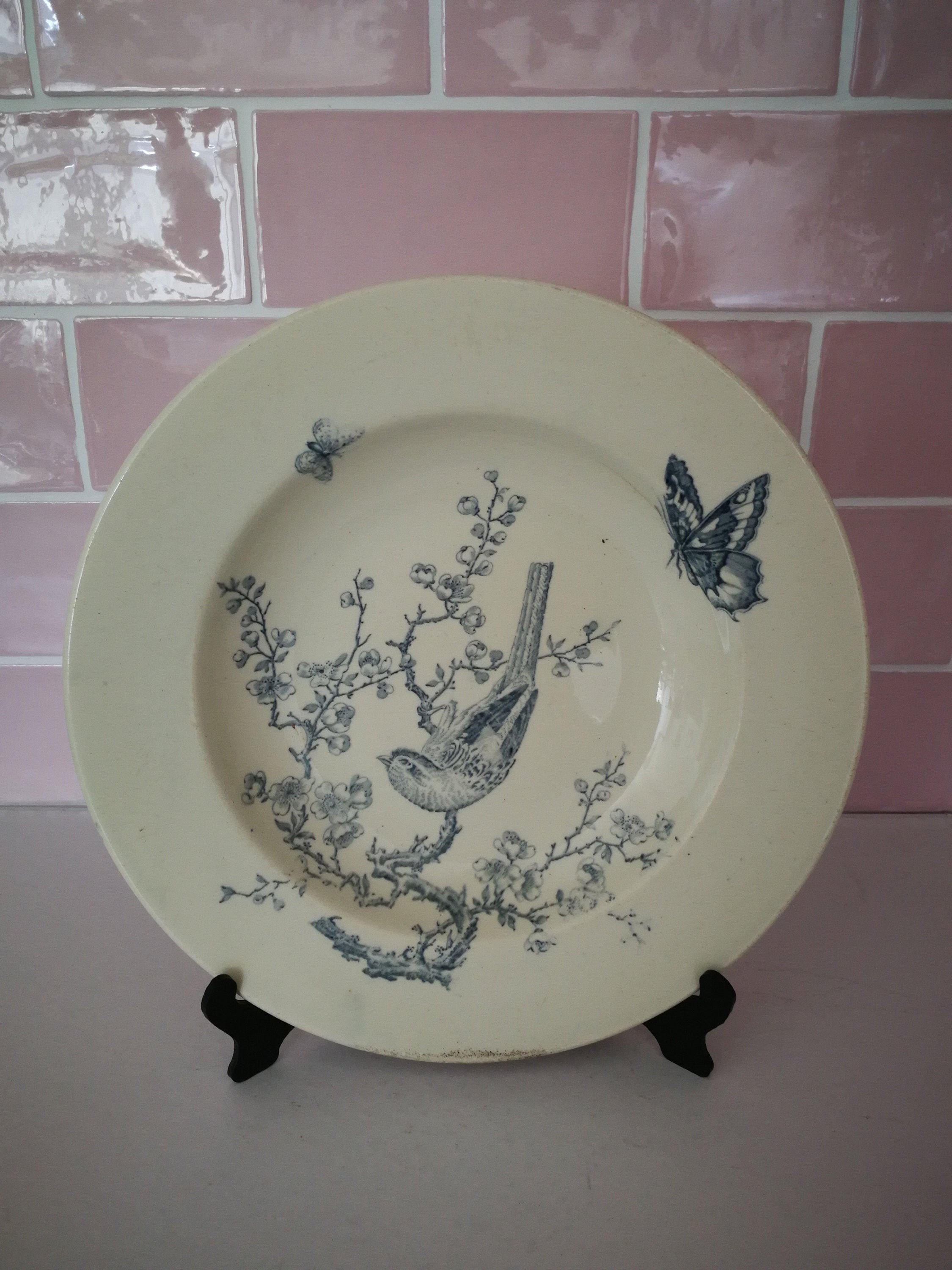 Grand Français Antique Terre de Fer Plat Service Hb et Cie Ironstone France Vintage Fleur Bleu & Bla