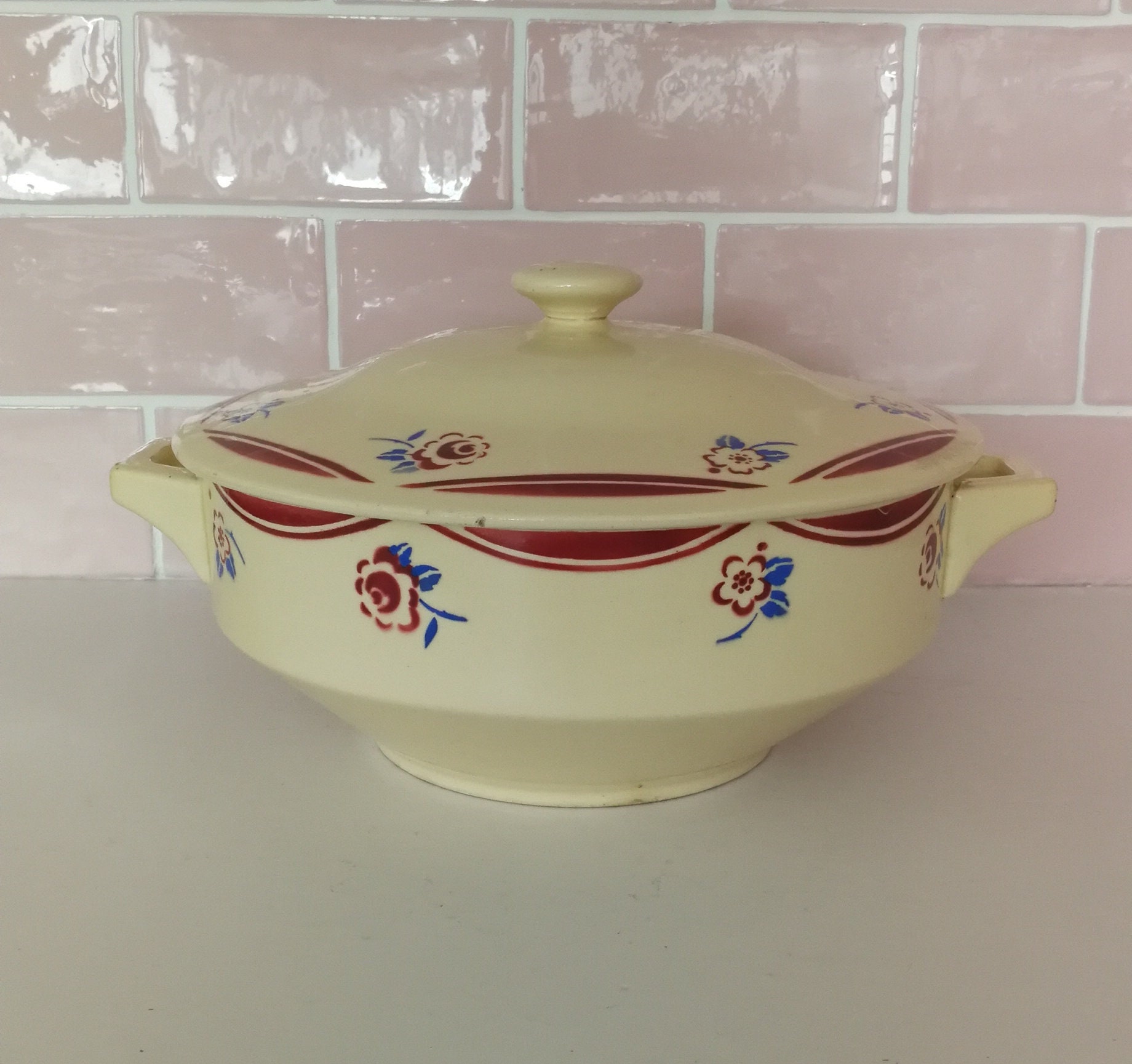 Vintage K & G Luneville Luce Français Lidded Soup Tureen Earthenware Bowl W Poignées + Couvercle Mad