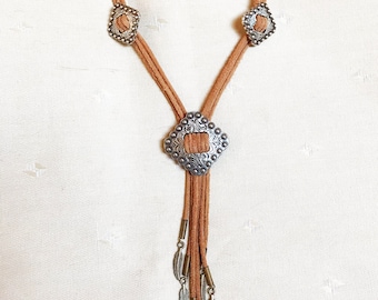 Boho Berry Bolo Western Southwestern Silver Concho Feather Charm Cowgirl Necklace