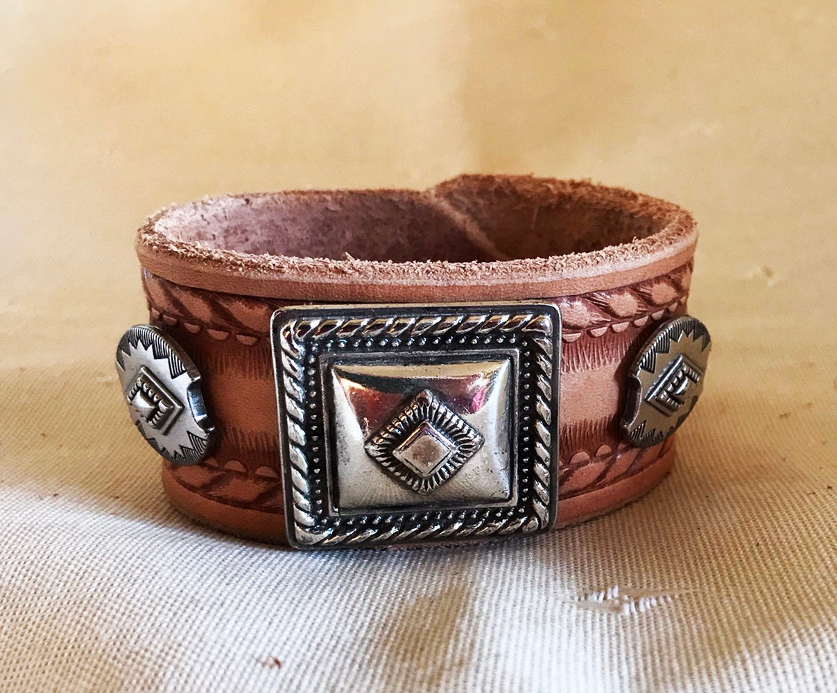 Men's Western Leather Wrap Bracelet Cuff With Flower Concho & Studs - Brown, Snap Closure, Size 7.5-8.25