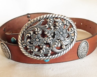1 1/2" Concho and Turq Studded Western Southwestern Belt w/ Floral Buckle for Cowgirl / Cowboy