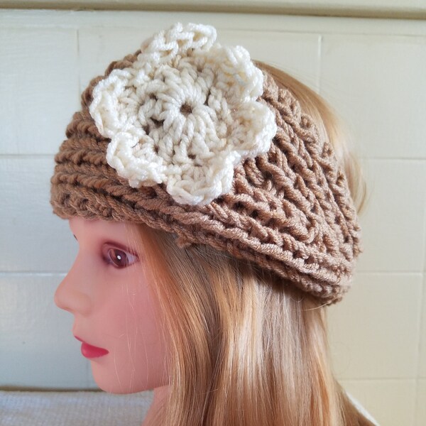 Earwarmer/Head Band/Hand Knit/Women/Teen/Child/Head Wrap/Ear Cover/Button/Tan/Beige flower