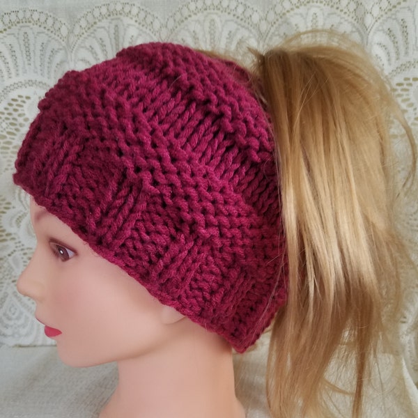 Messy Bun/Ponytail Hat/Runner Hat/Jogger Hat/Hand Knit/Women/Teen/Child/Head Wrap/Ear Cover/Cranberry