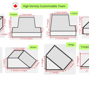 May include: Diagram showing different shapes of high-density customizable foam, including square, cylinder, T-cushion, L-cushion, wedge, triangle, and trapezoid. Each shape is labeled with its name and dimensions in inches.