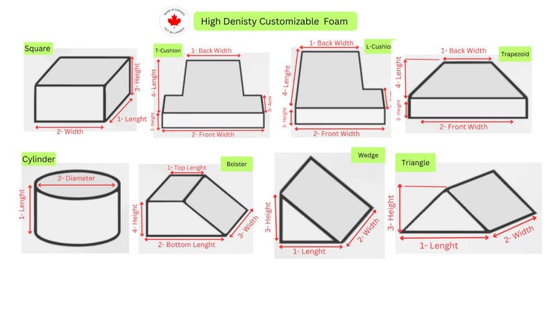 May include: Diagram showing different shapes of high-density customizable foam, including square, cylinder, T-cushion, L-cushion, wedge, triangle, and trapezoid. Each shape is labeled with its name and dimensions in inches.